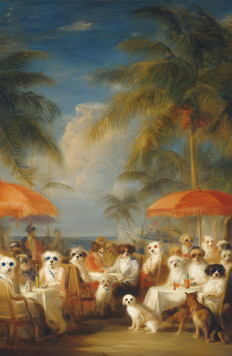 Dogs at seaside tables