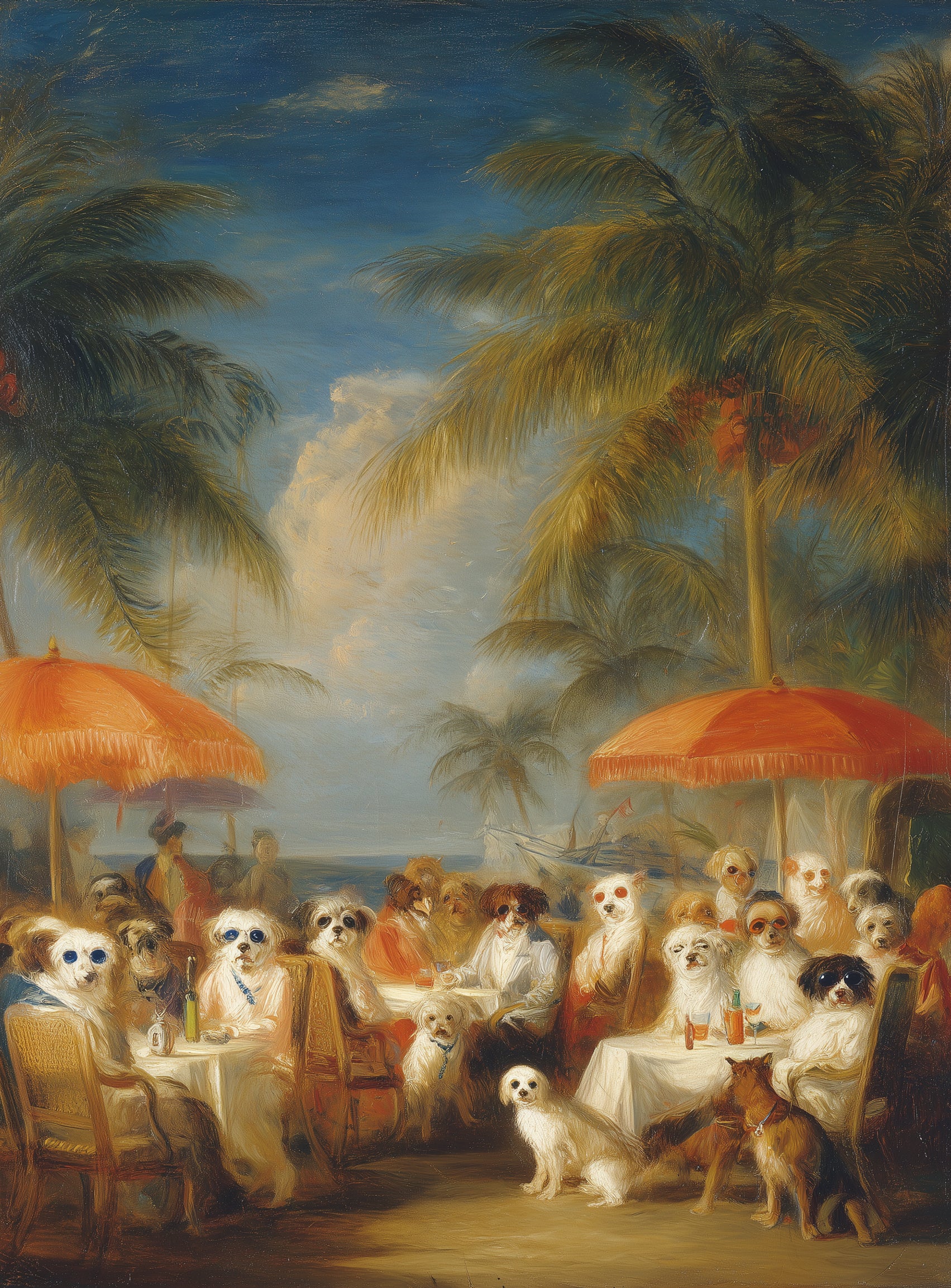 Dogs at seaside tables