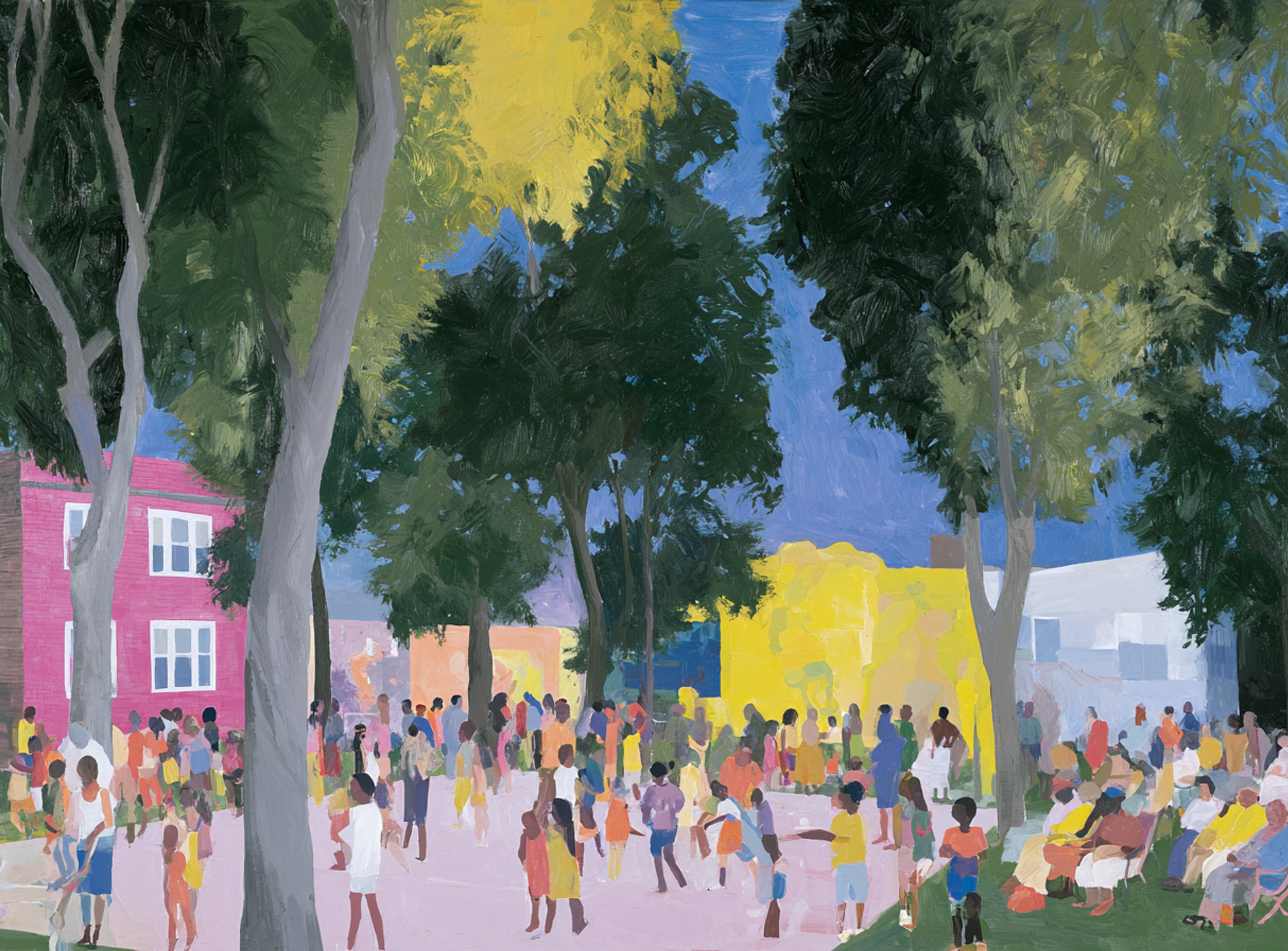 Summer crowd under tall trees