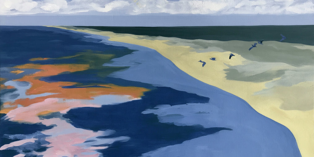 Birds over the pale shore