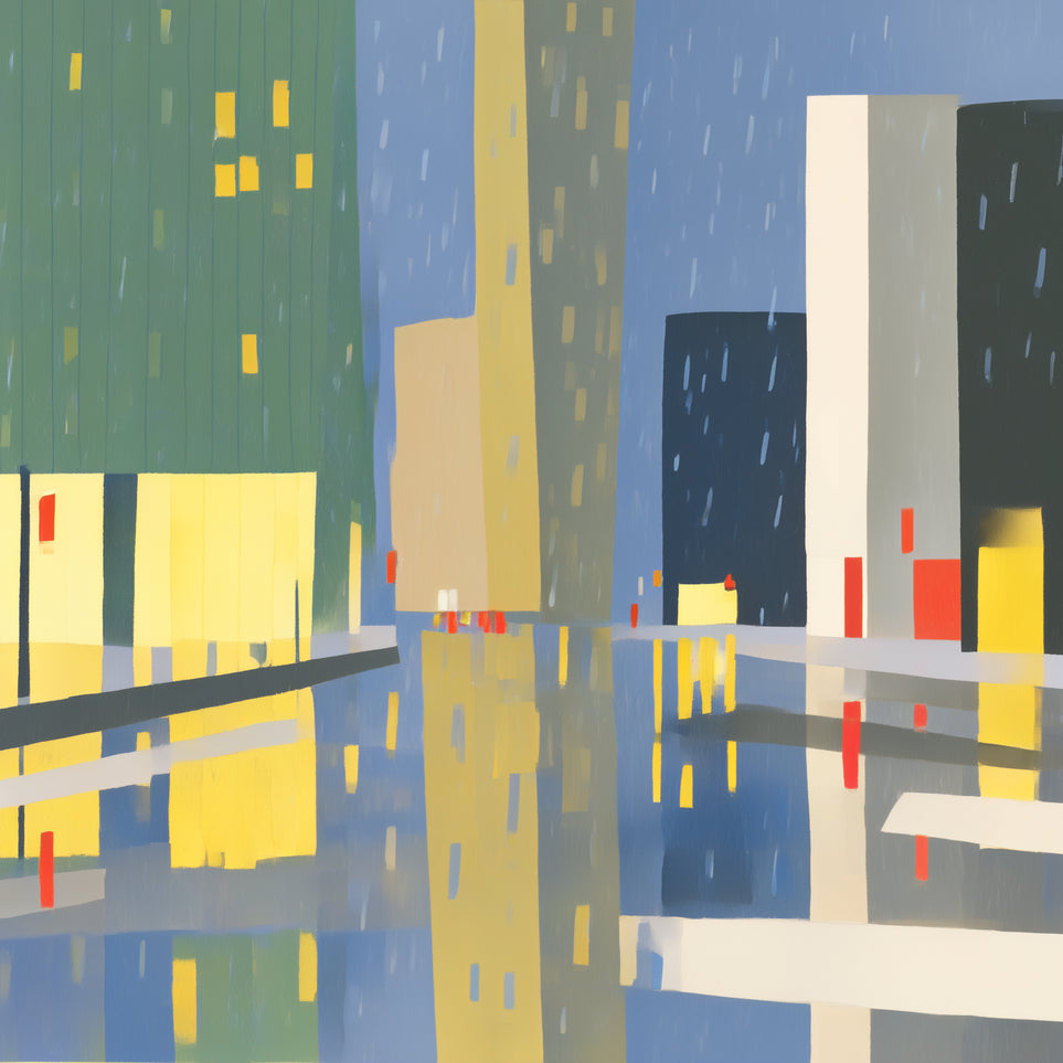 Yellow windows on wet blue street