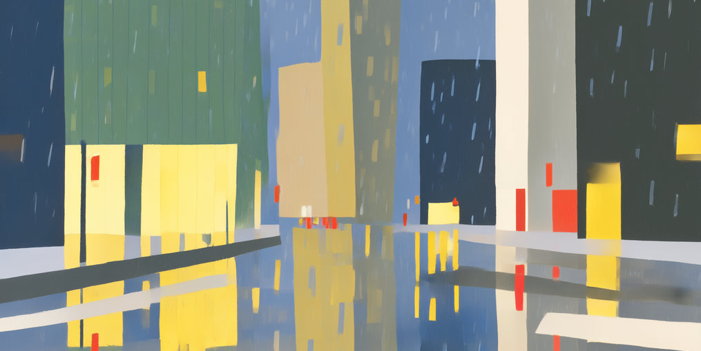 Yellow windows on wet blue street