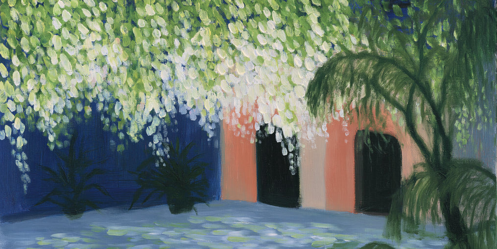 Doorway under falling blossoms