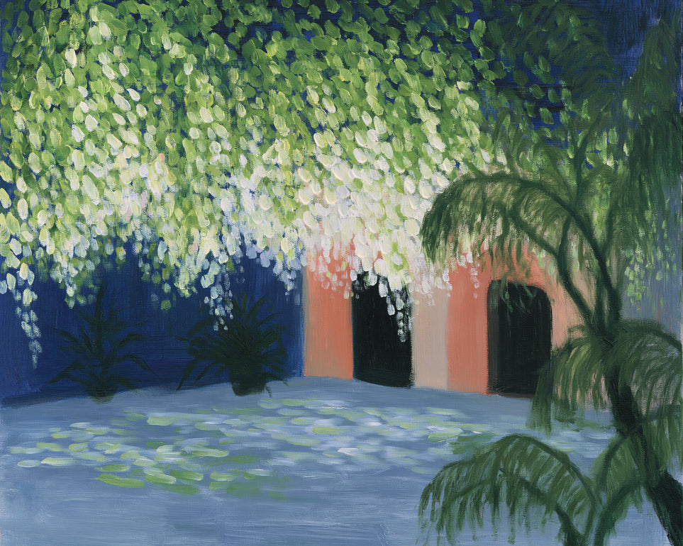 Doorway under falling blossoms