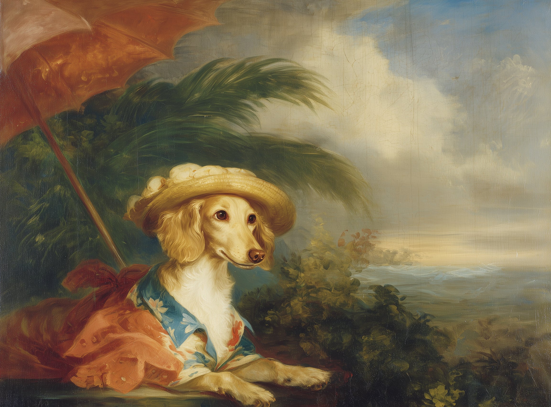 Red parasol over seaside dog