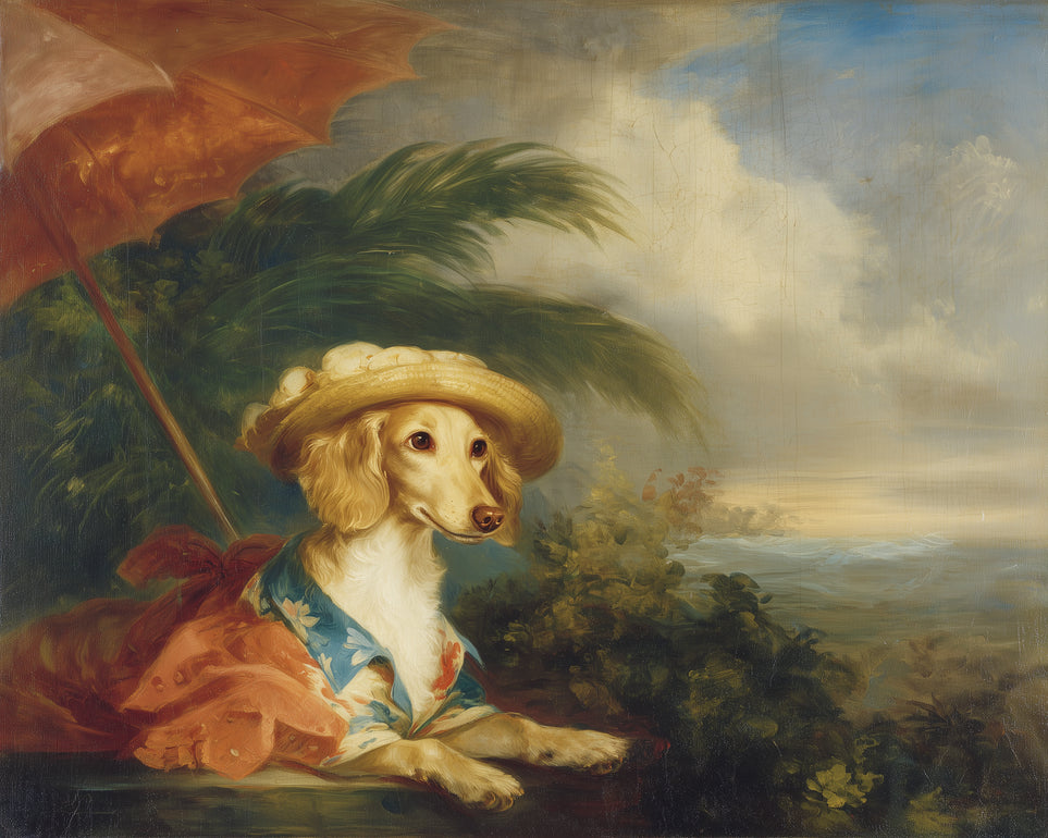 Red parasol over seaside dog