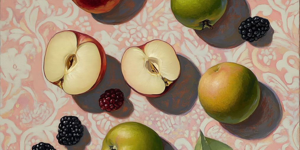 Apples, Pear, and Berries on Floral Fabric