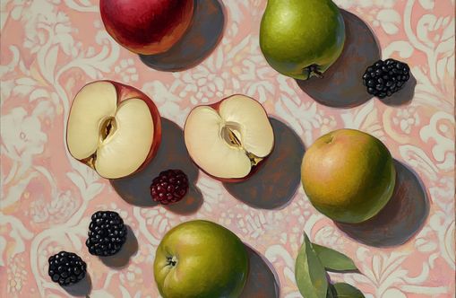 Apples, Pear, and Berries on Floral Fabric