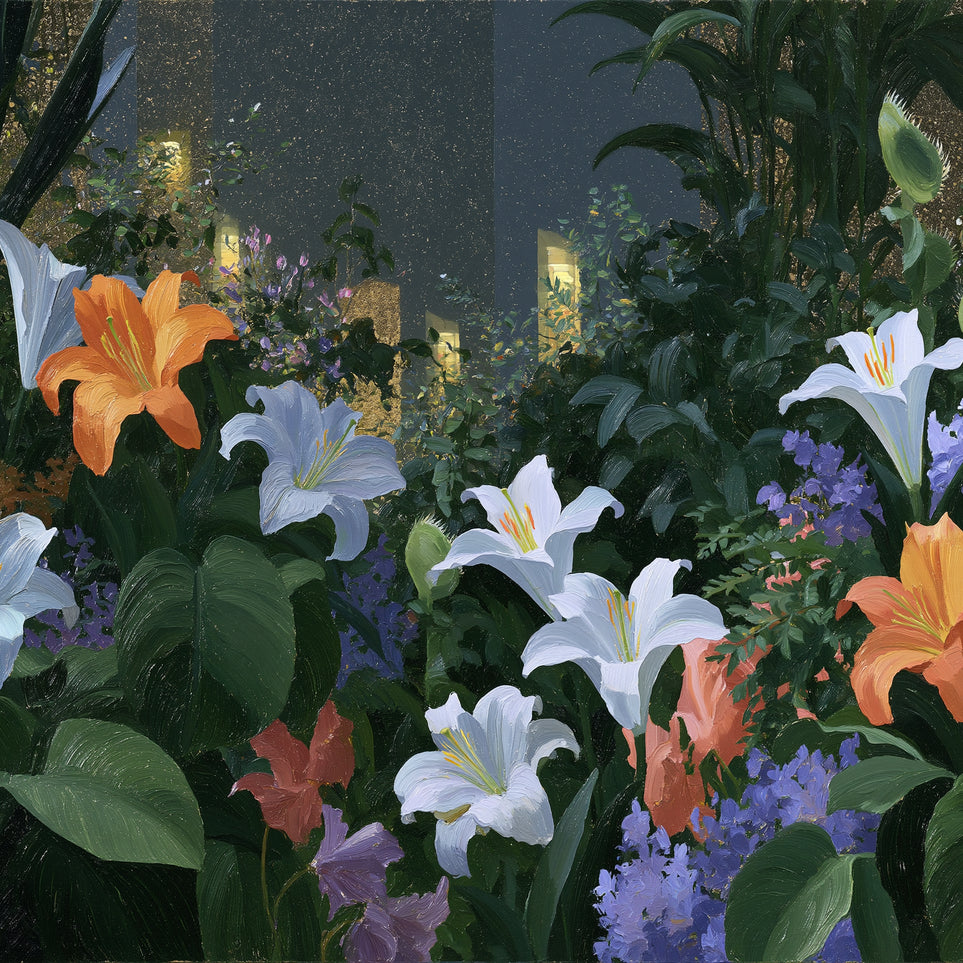 Lit windows beyond the lilies