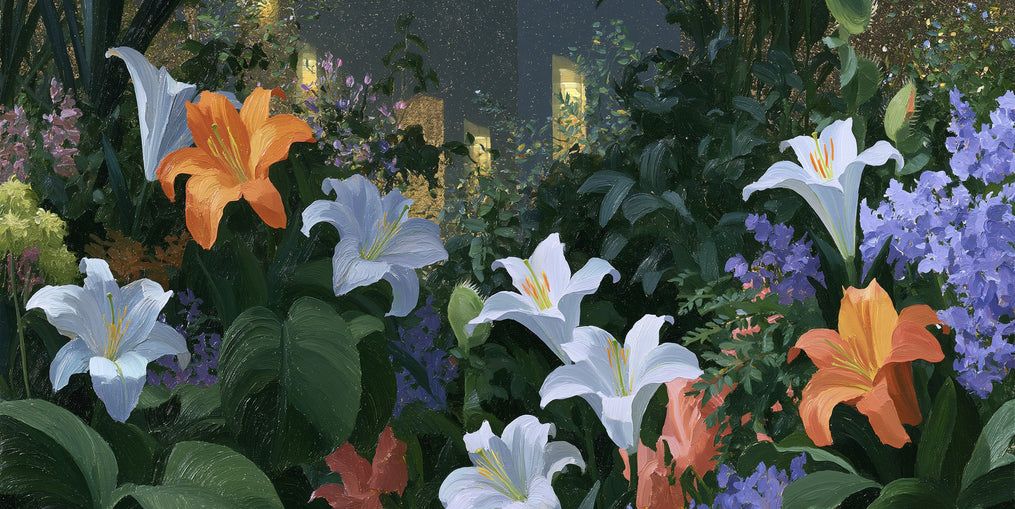 Lit windows beyond the lilies