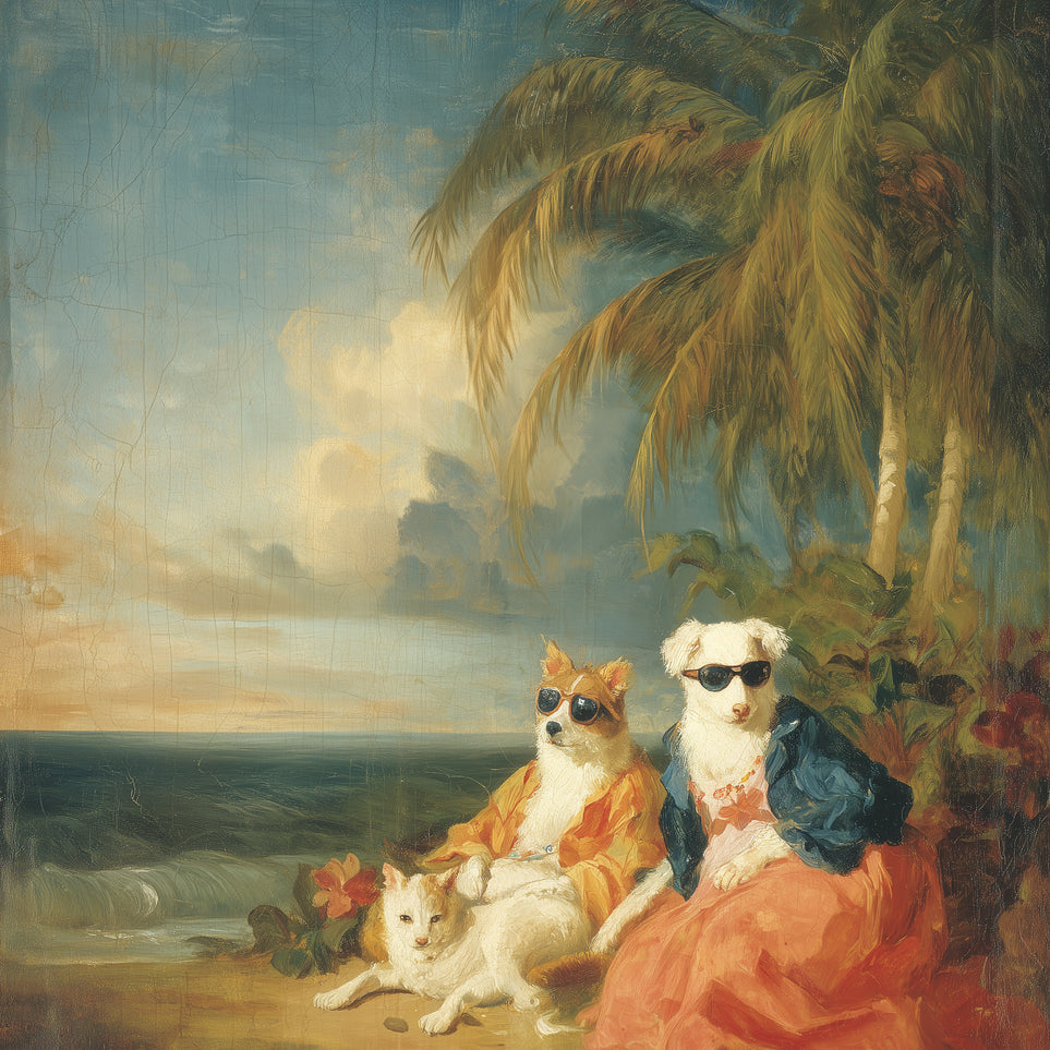 Sunglasses dogs under palms