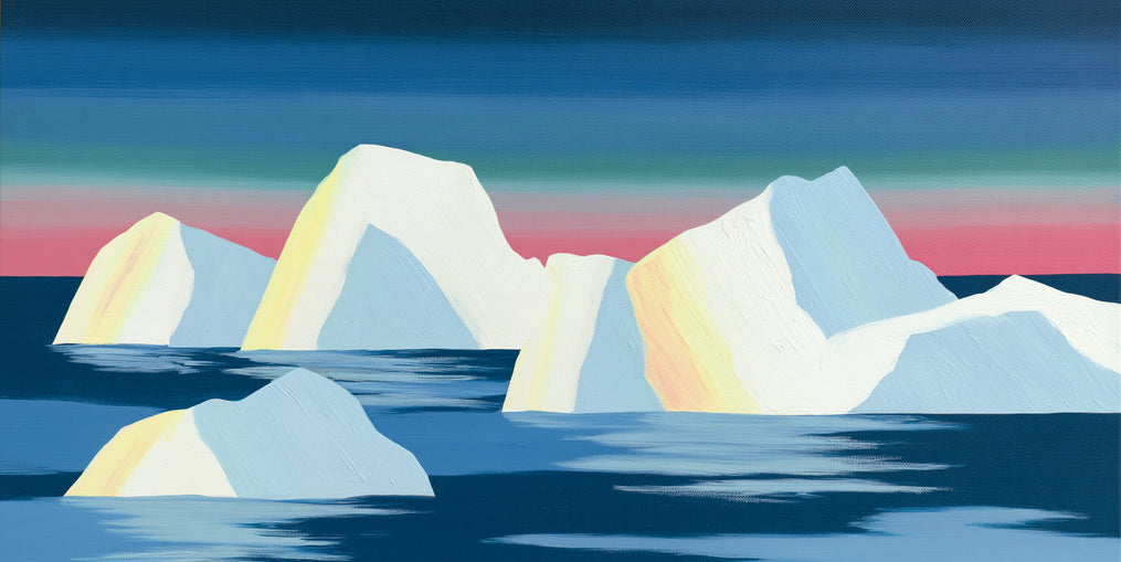 Icebergs under a pink banded sky