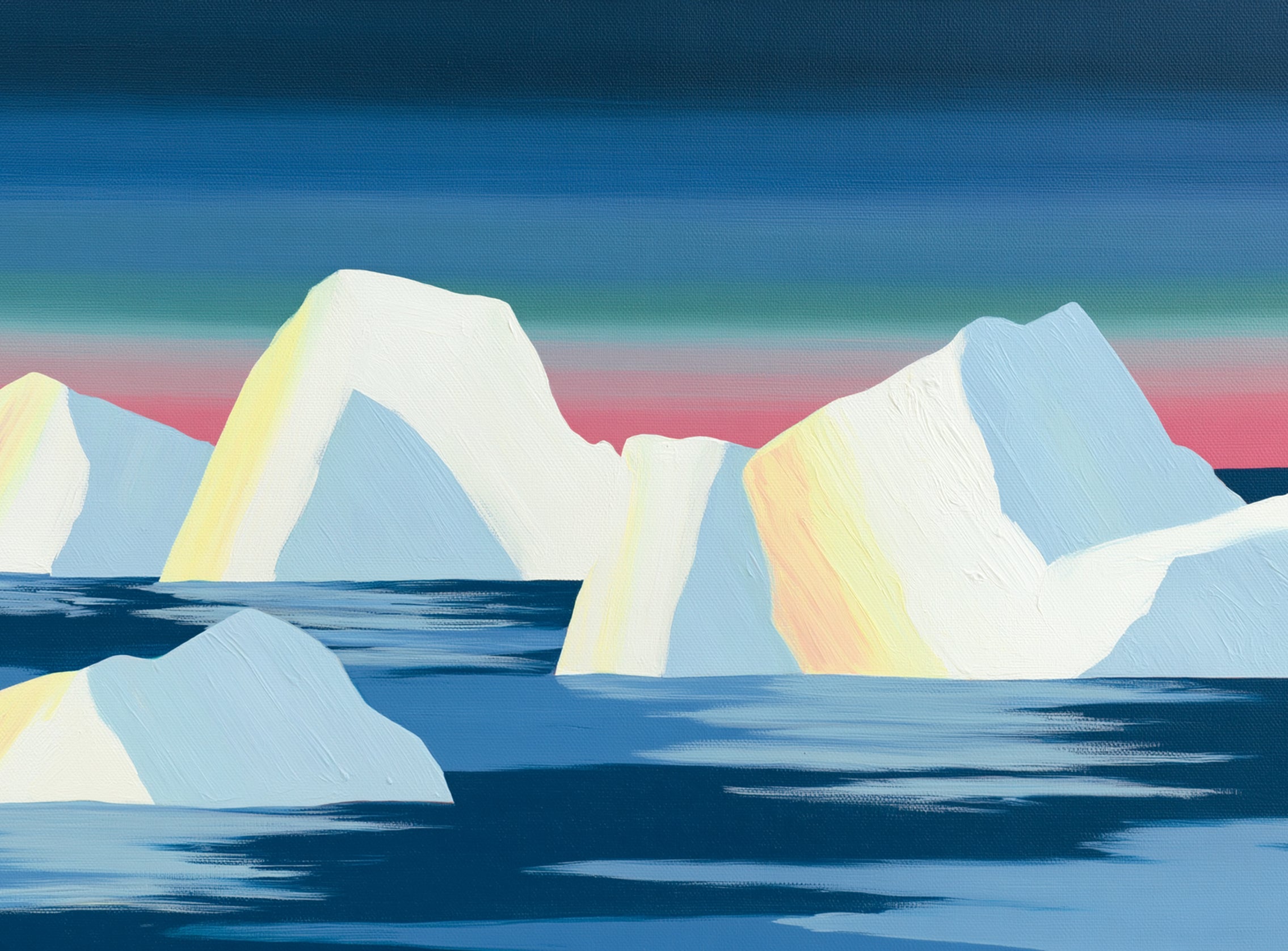 Icebergs under a pink banded sky
