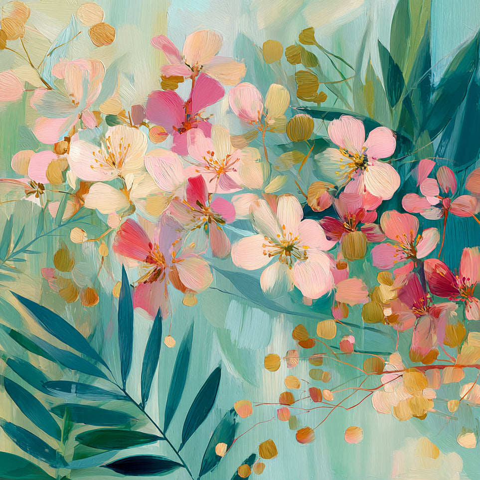 Blossoms over teal leaves