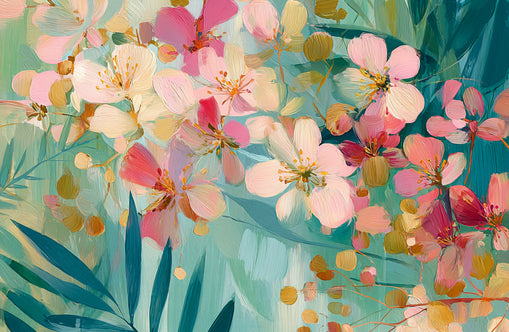 Blossoms over teal leaves