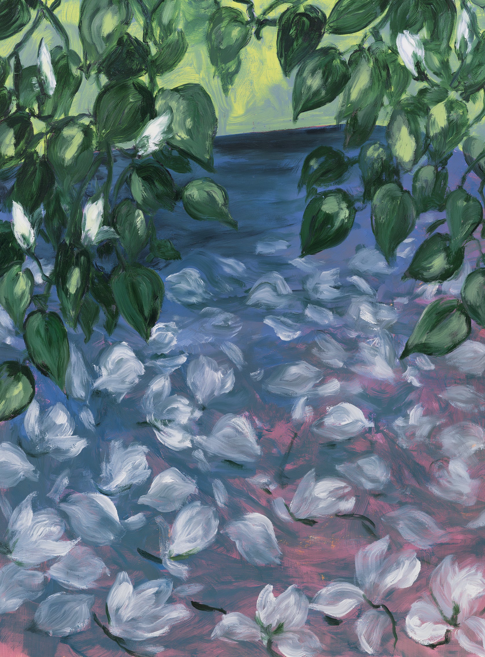 White petals on blue pond