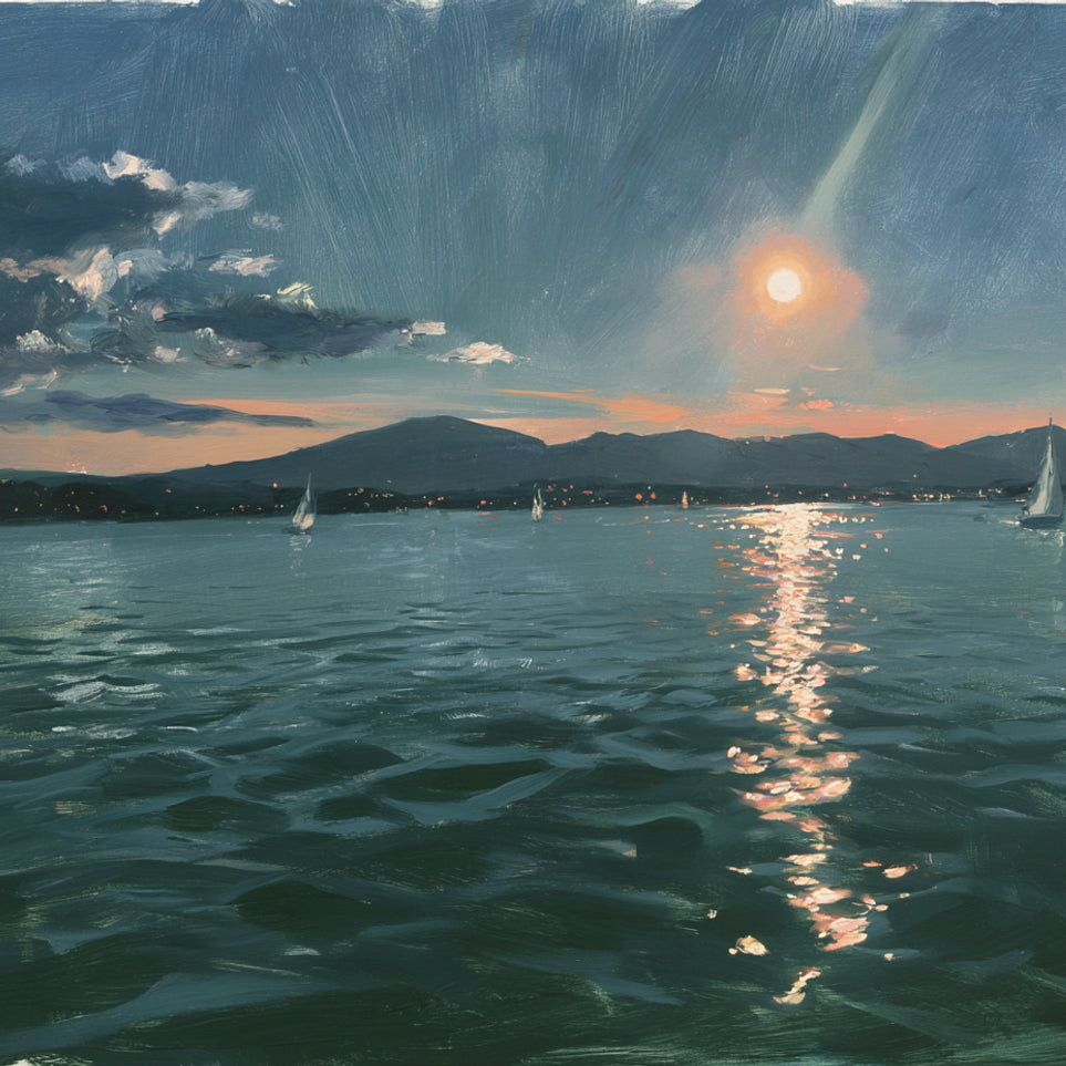 Peach sun on blue water