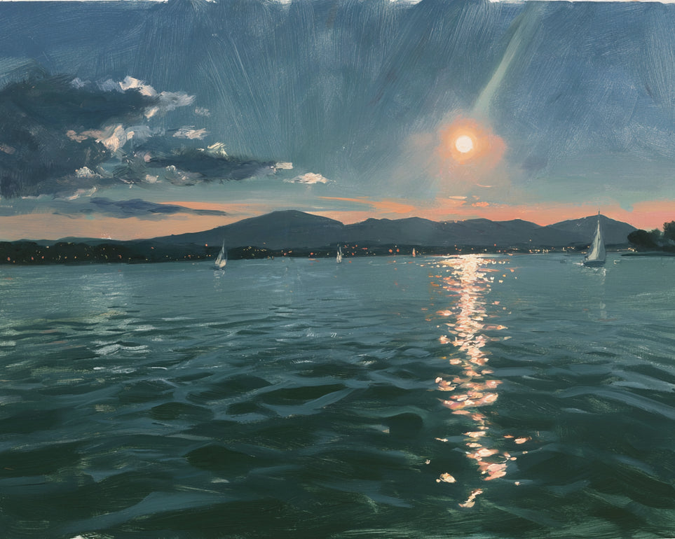 Peach sun on blue water