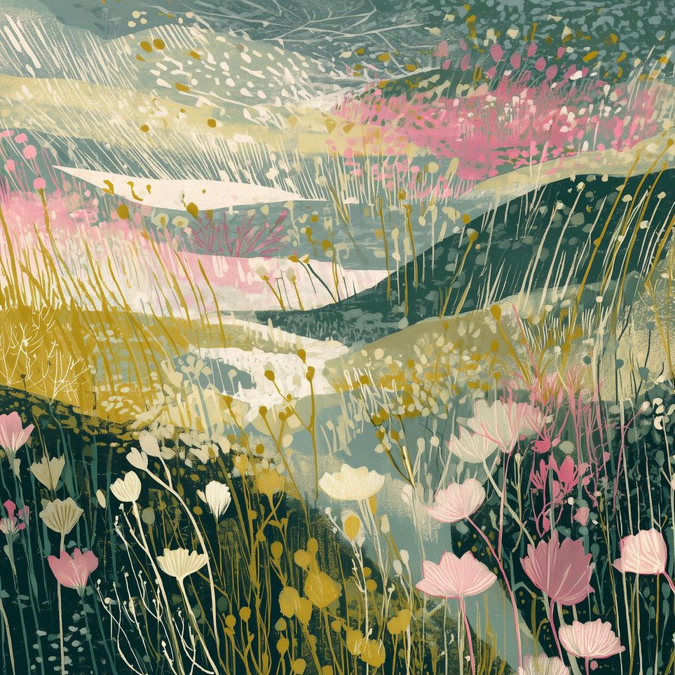 Wildflowers across layered hills
