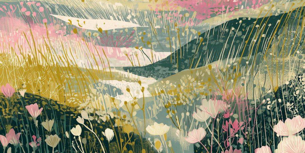 Wildflowers across layered hills