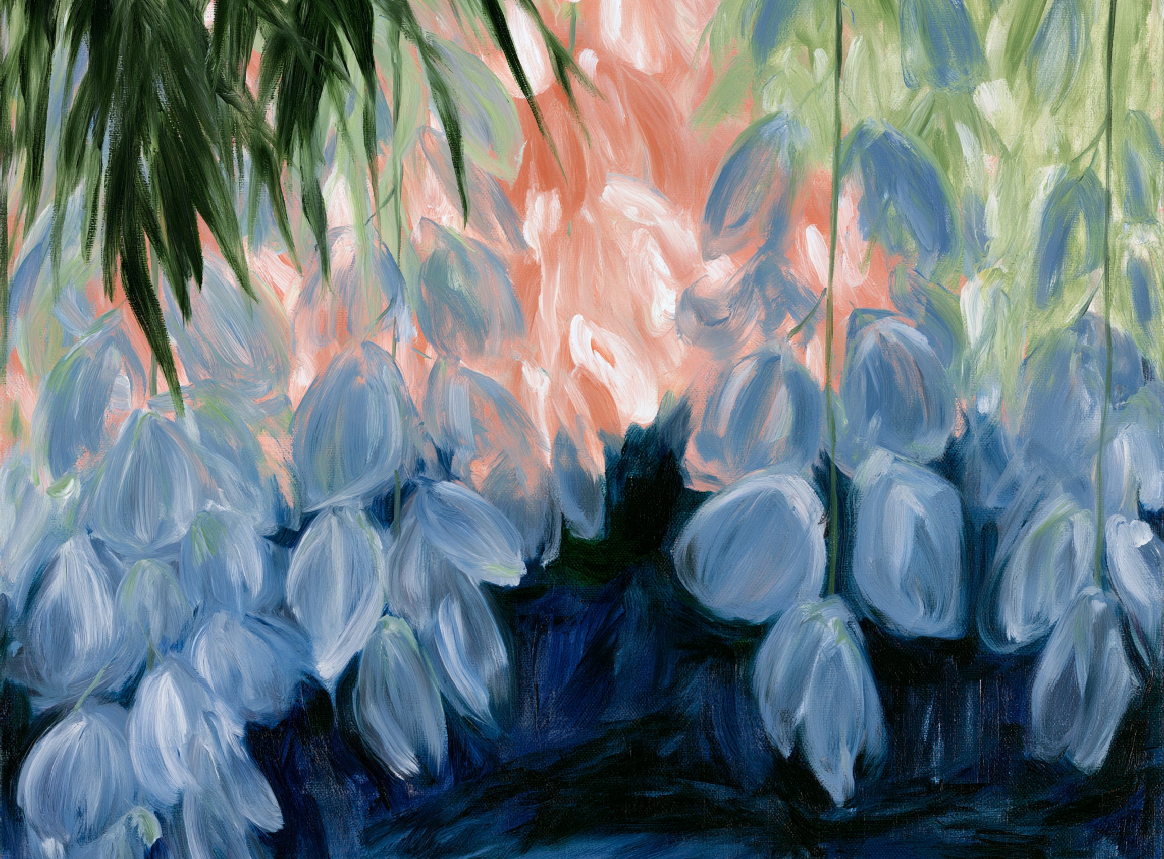 Blue flowers under green leaves