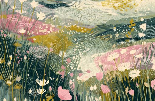 Teal sky over pink meadow