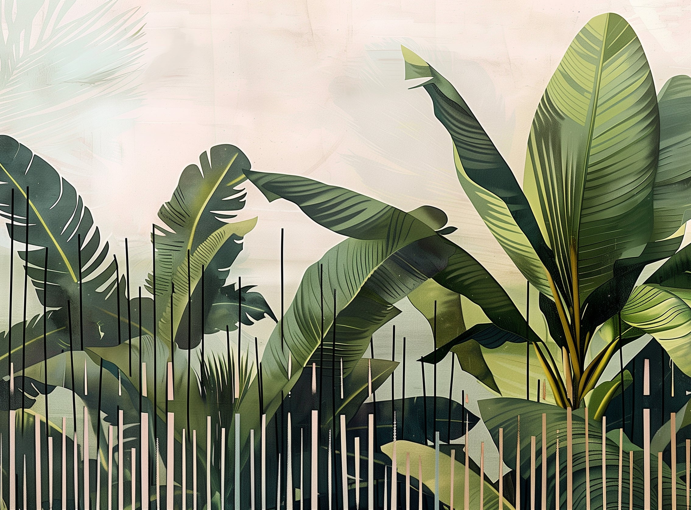 Tropical leaves behind black bars