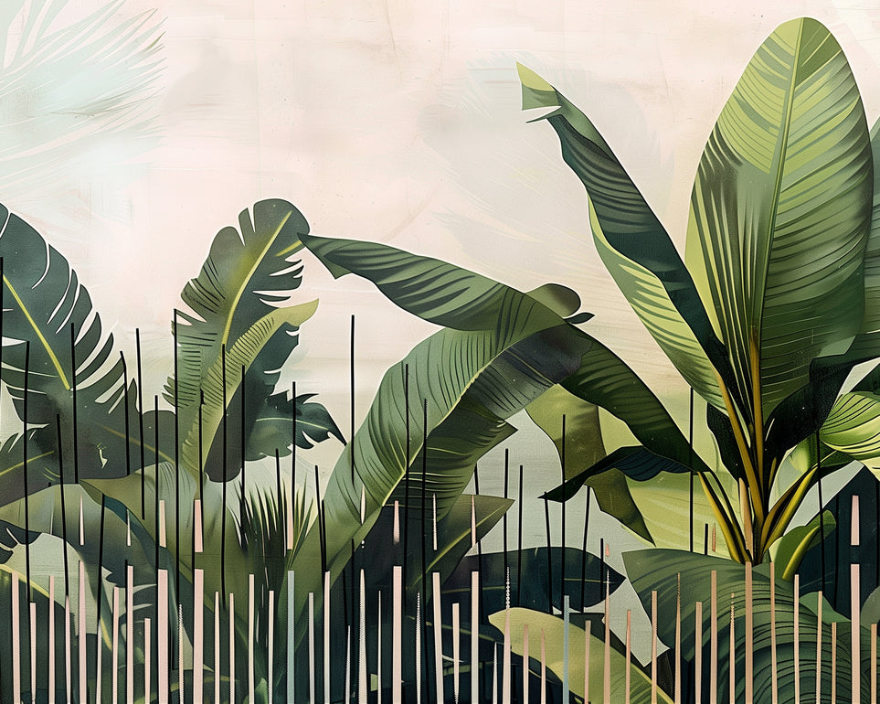 Tropical leaves behind black bars