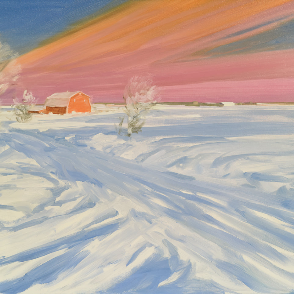 Pink sky over the red barn
