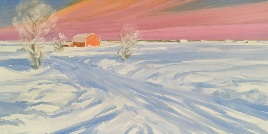 Pink sky over the red barn