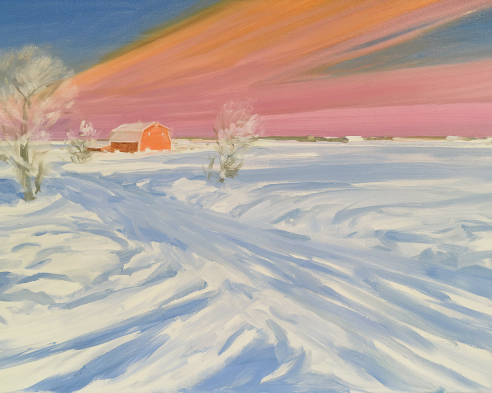 Pink sky over the red barn