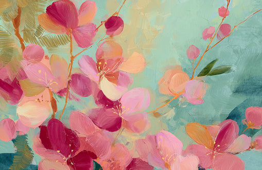 Pink blossoms drifting through teal