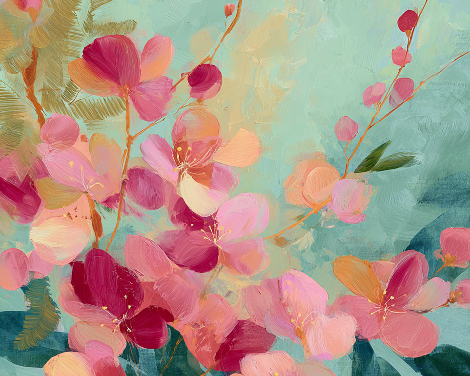 Pink blossoms drifting through teal
