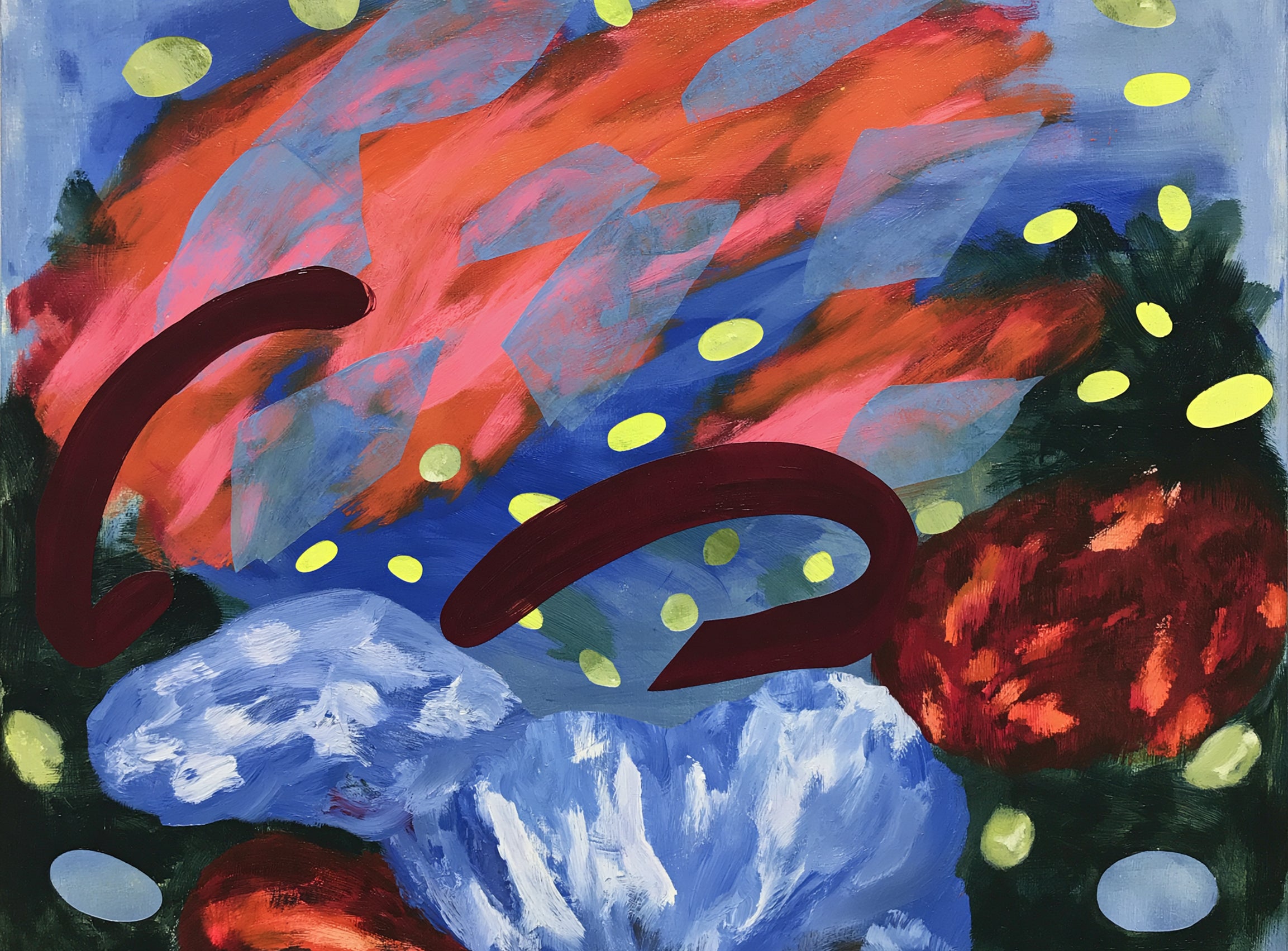 Layered brushstrokes with yellow ovals