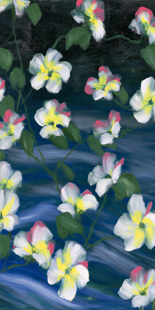 White flowers across deep blue