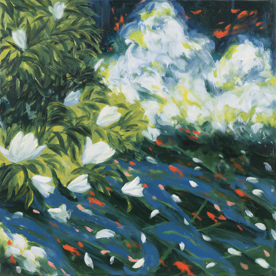 White petals on blue water