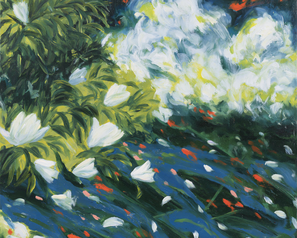 White petals on blue water
