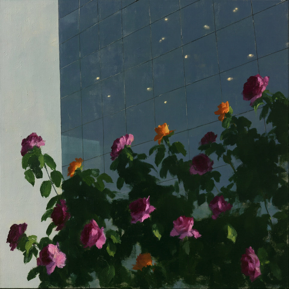 Flowers against the glass tower