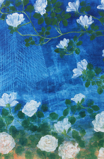 White blossoms on cobalt blue