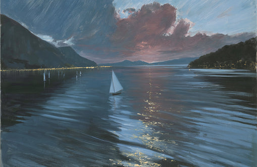 A sailboat beneath storm clouds