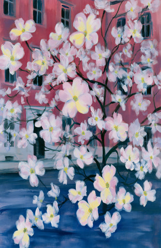 Blossoms across red windows