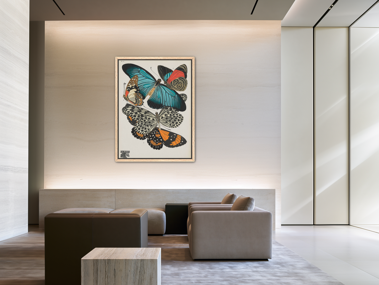 Turquoise wings over orange velvet room view