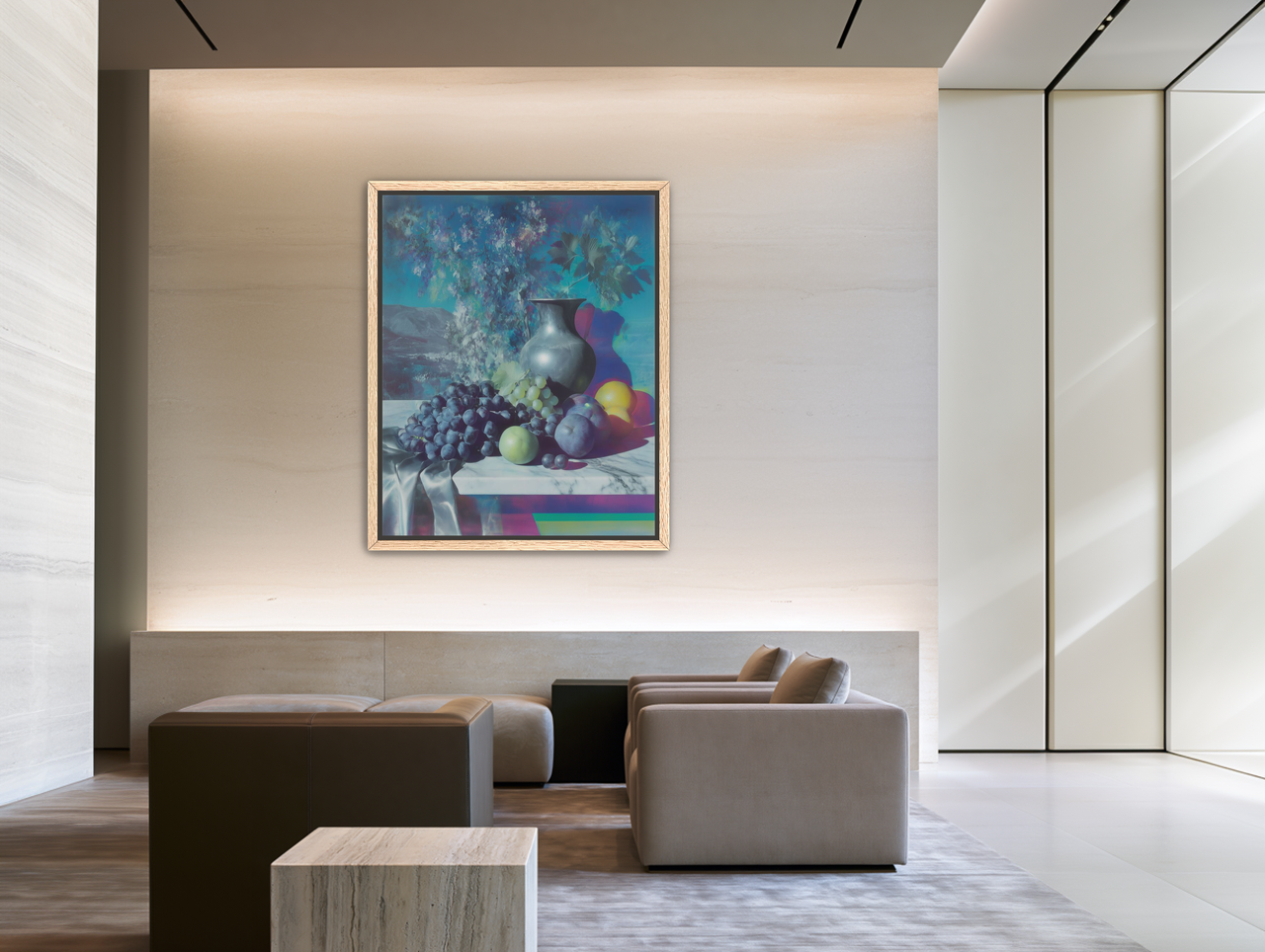 Vase and fruit in blue haze room view