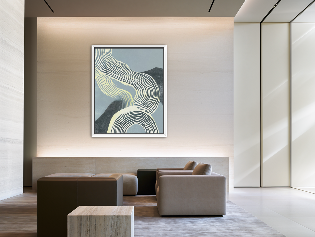Curving stripes across the field room view