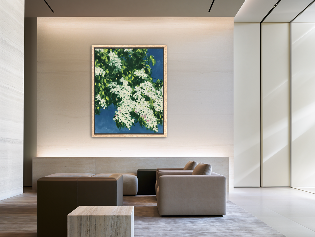 White blossoms on blue field room view