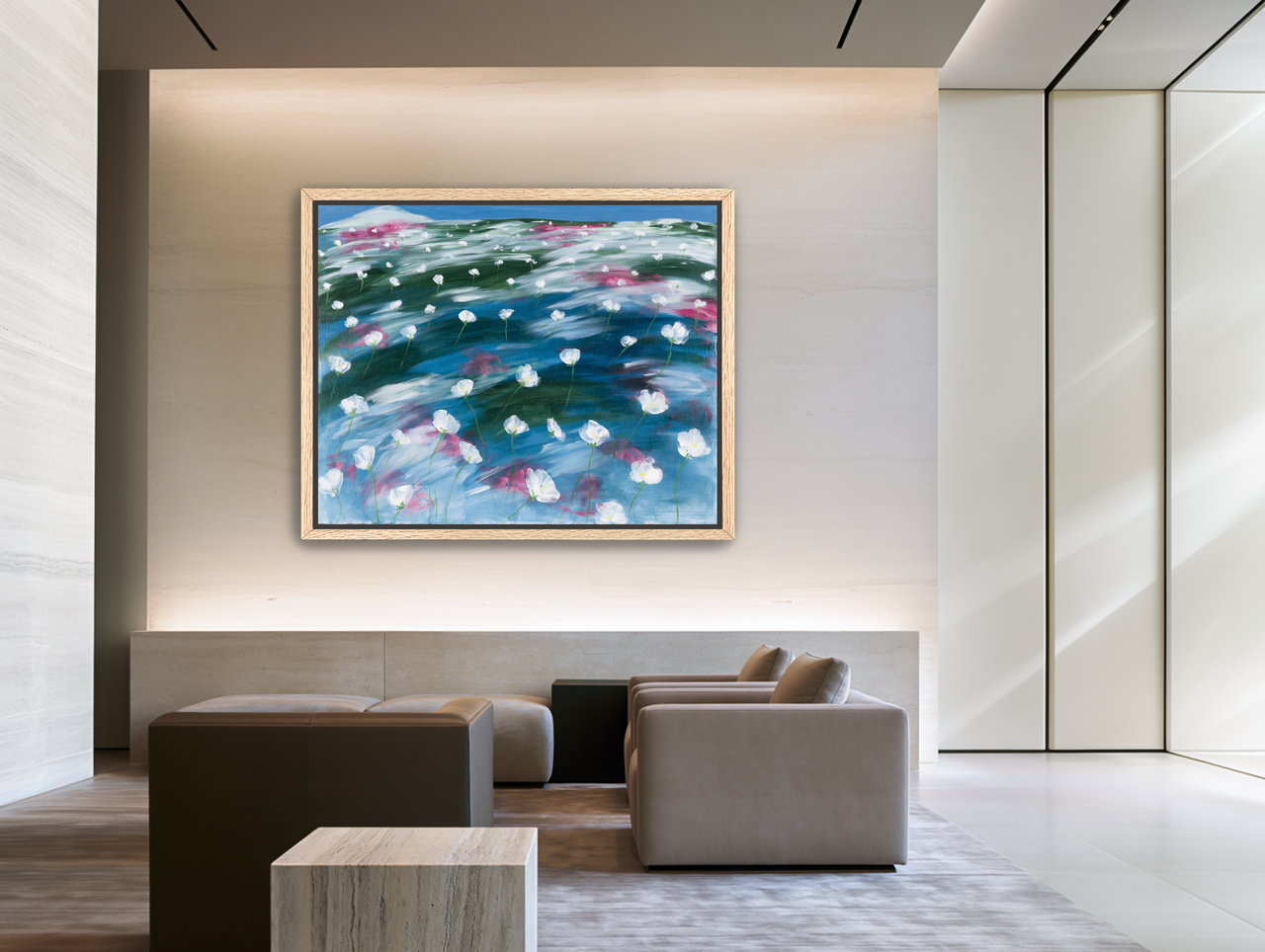 White flowers in windblown hills room view