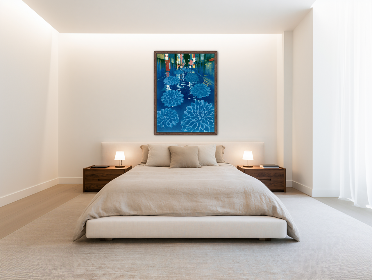 Neon spills into blue floodwater room view