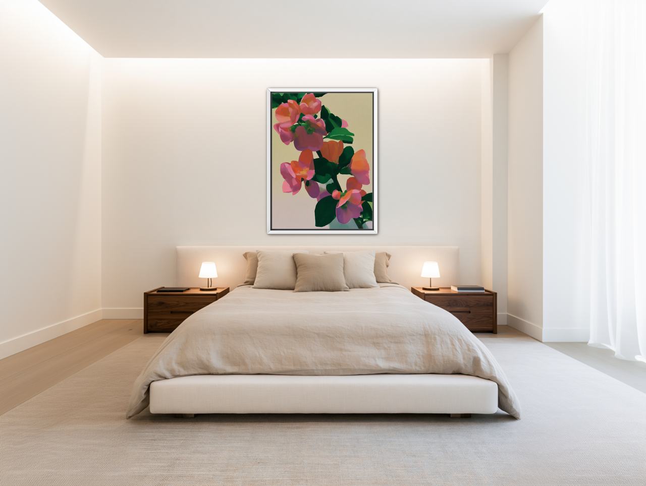 Flowers among dark leaves room view