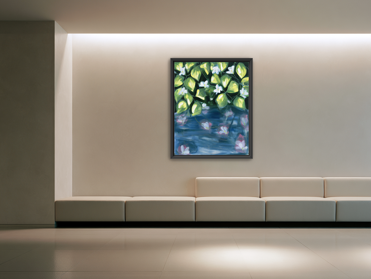 White flowers over blue water room view