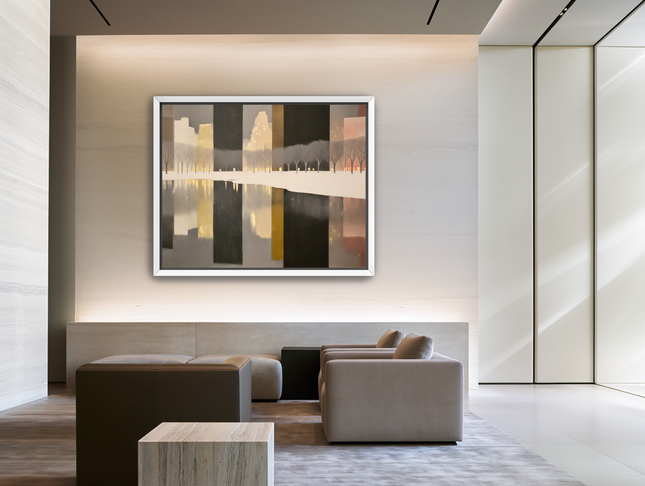 City lights in winter water room view